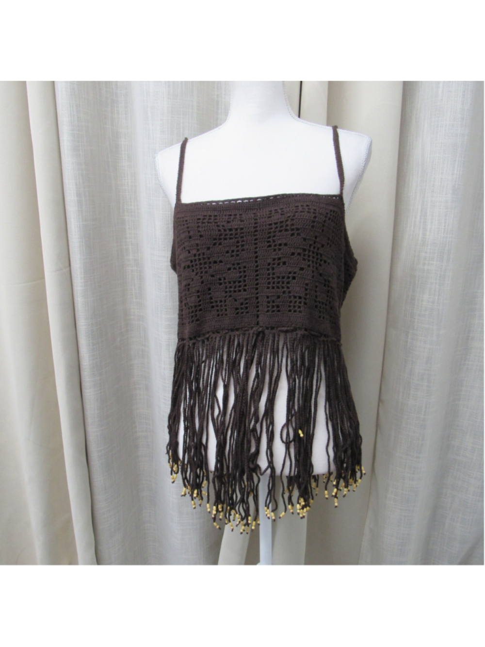 Vtg Moda International Y2K Crochet Fringed Beaded Cami Cami Top Ramie Cotton L